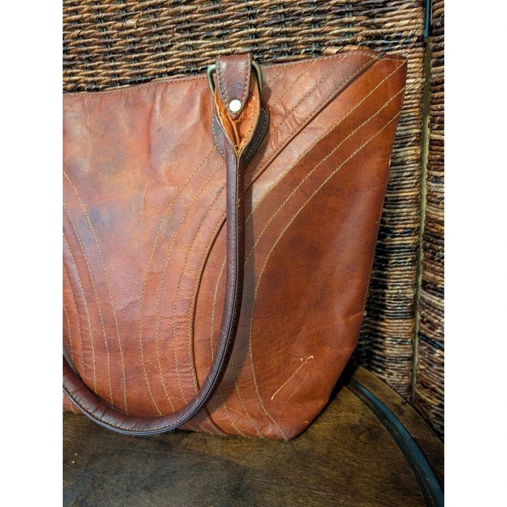 Vintage Leather Tote Bag Brown Double Handle Shoulder Purse 70s Boho Retro Large - Picture 2 of 13